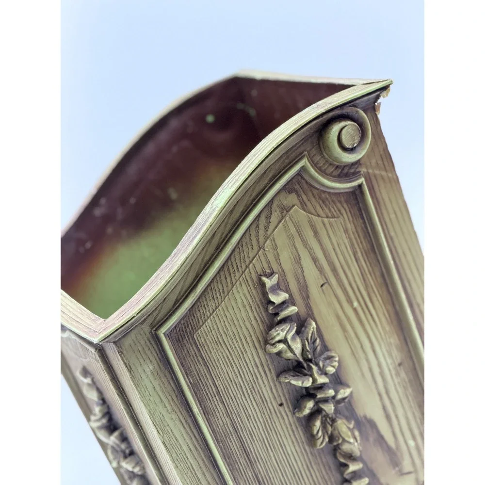 Vintage French Provincial Faux Wood Rose Floral Green MCM Trash Basket  Planter